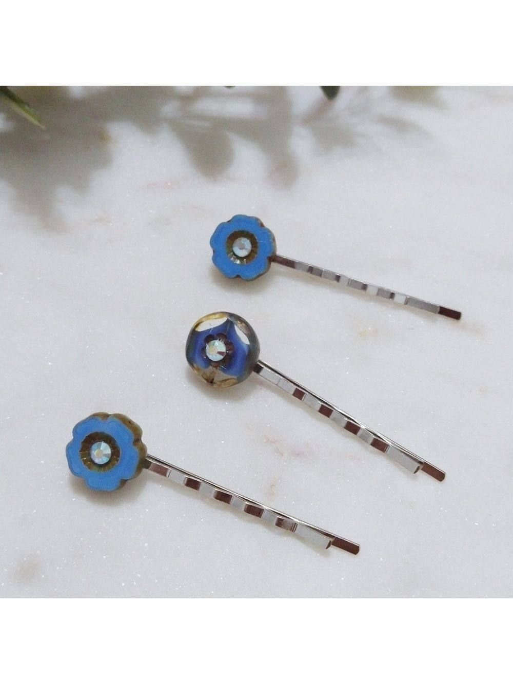 Floral Boho Rhinestone Czech Glass Blue Bead Hair Pin Set - Picture 8 of 8